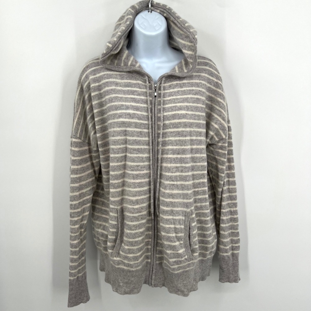 Charter Club 100% Cashmere Gray Striped Zip Front Hoodie Sweater Cardigan Sz XL